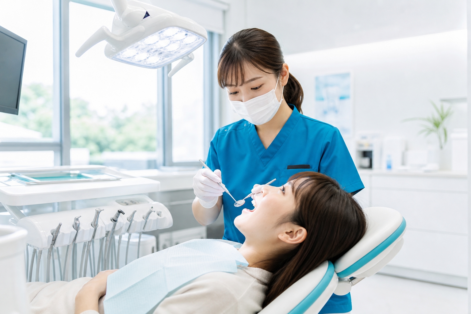 診療チェアで歯科治療を受ける様子