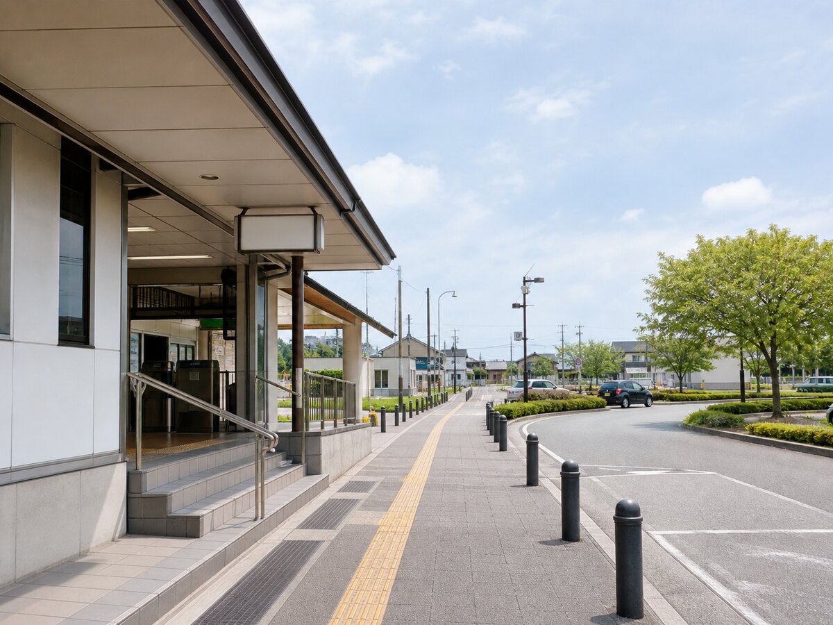 JR志度駅前から歩道に沿って進む様子